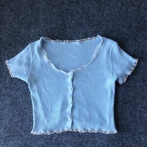 Light Blue Ribbed Button-Up Top